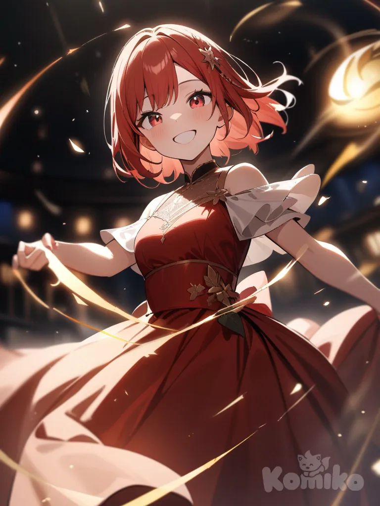 One girl in slightly un-modest red sparkling, glowing, gown, spinning, smiling