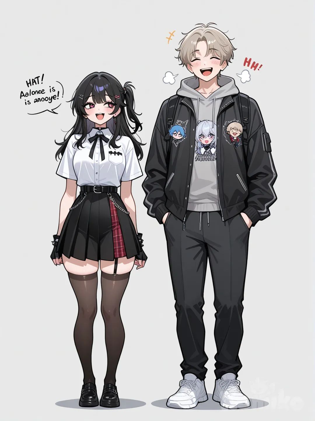 1boy, 1girl, 2people standing side by side, the girl is anoyed, the boy is laughing, alone