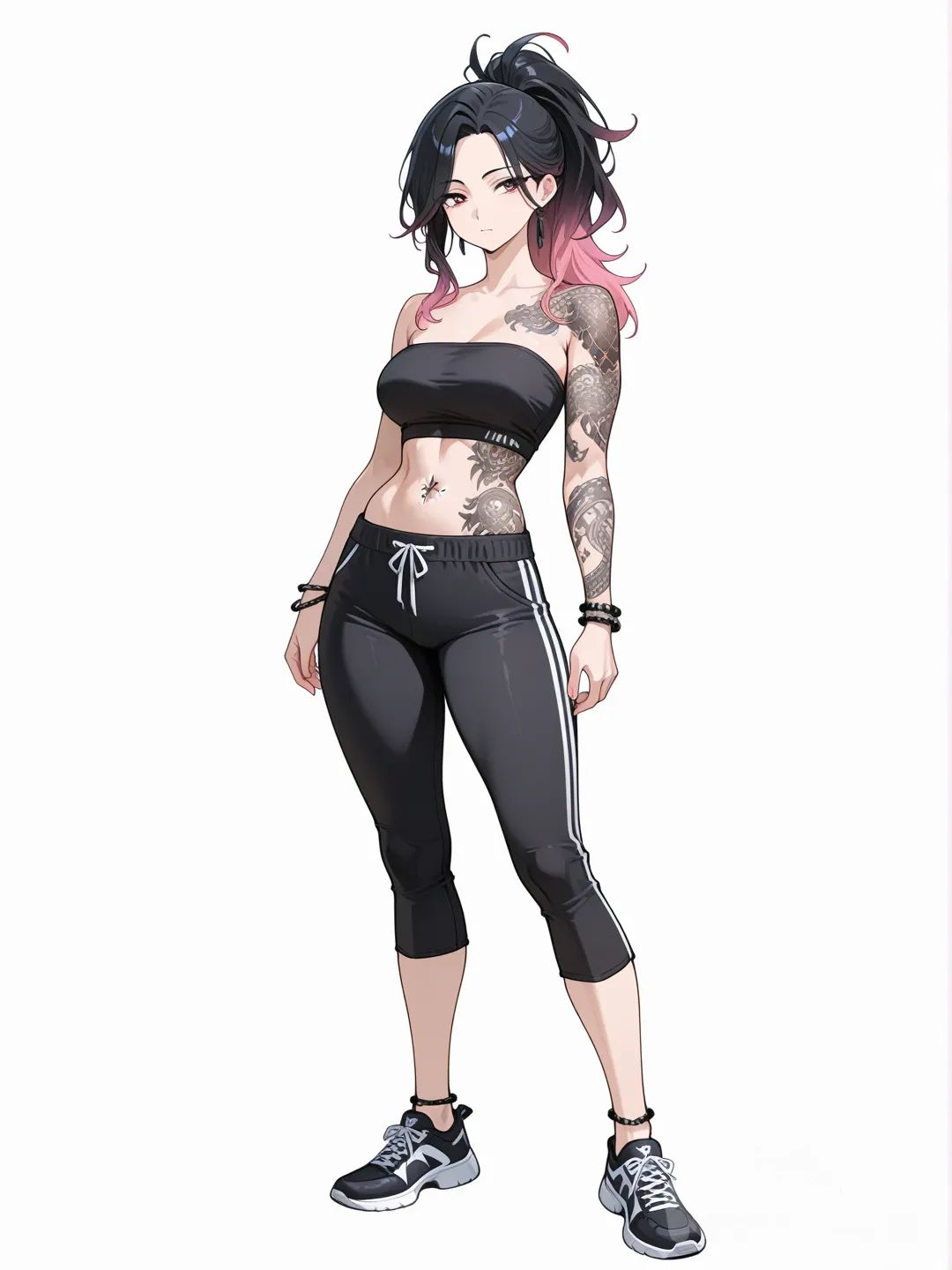 1girl, mature, athletic, black fading to glowing pink hair, ponytail, fair skin, black tube top, black Capri pants, black bracelets and anklets, all black tattoos on her arms and stomach, single character, full body, looking at viewer, anime style, simple background, white background