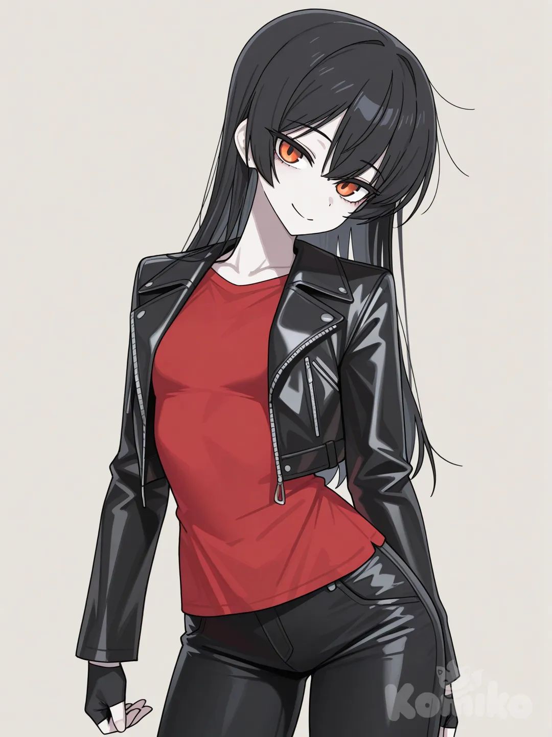 1 female, scrawny, tall, long black hair, orange eyes, pale skin, small breasts, small butt, black leather jacket, red t-shirt, orange fingerless gloves, black casual pants, [toon-shaded-style], 18 years, head tilt, clean background, smile, turning to the viewer, Facing the viewer