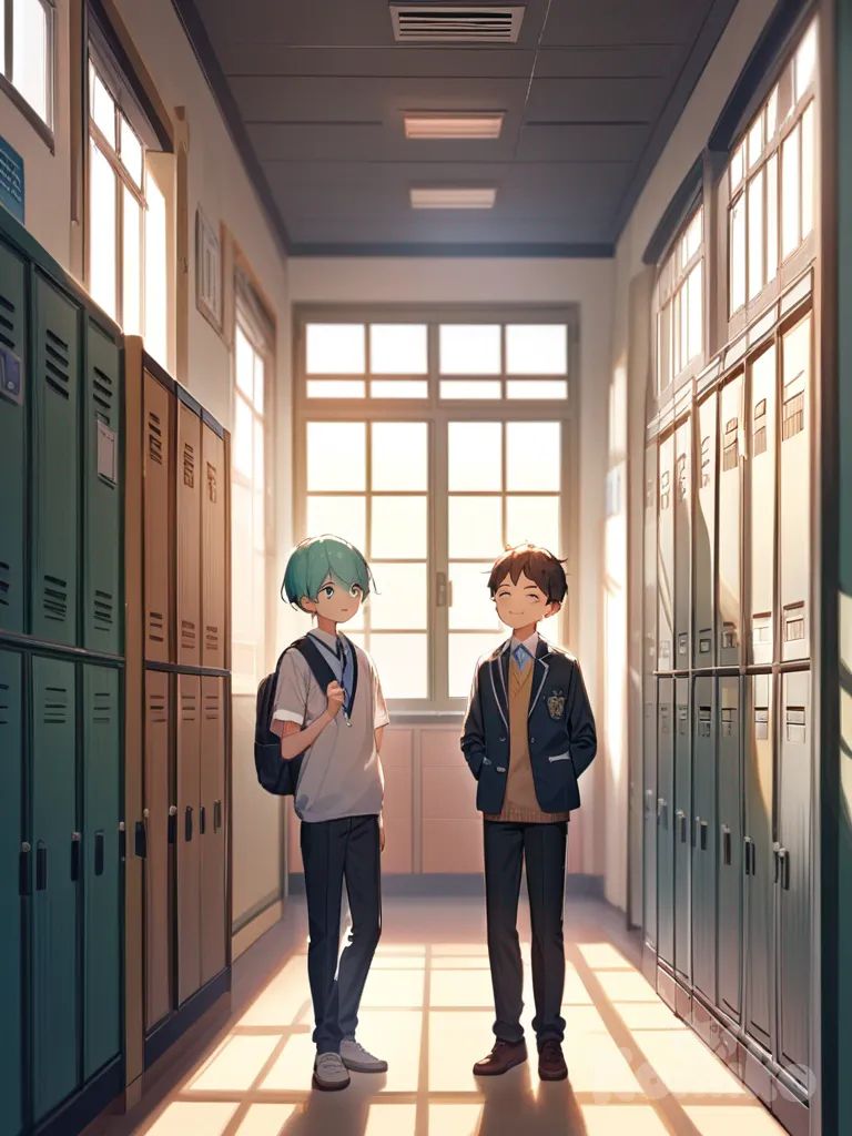 Dos chicos se encuentran en la escuela, rodeados por el ambiente juvenil y animado del lugar. Ambos son lindos y transmiten frescura y simpatía. Están en un pasillo iluminado por la luz que entra por las ventanas grandes, con casilleros alineados a un lado y murales escolares al fondo. Uno de ellos es más alto y de porte tranquilo, con una sonrisa ligera que lo hace ver confiado y amable. El otro, un poco más bajo, tiene un aire tierno y alegre, con ojos brillantes llenos de curiosidad.