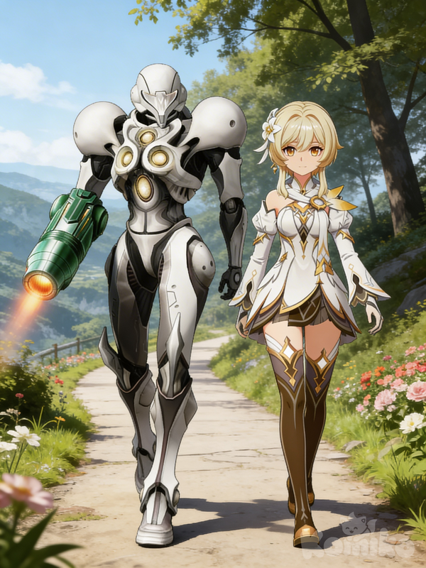 Lumine and Samus walking together 