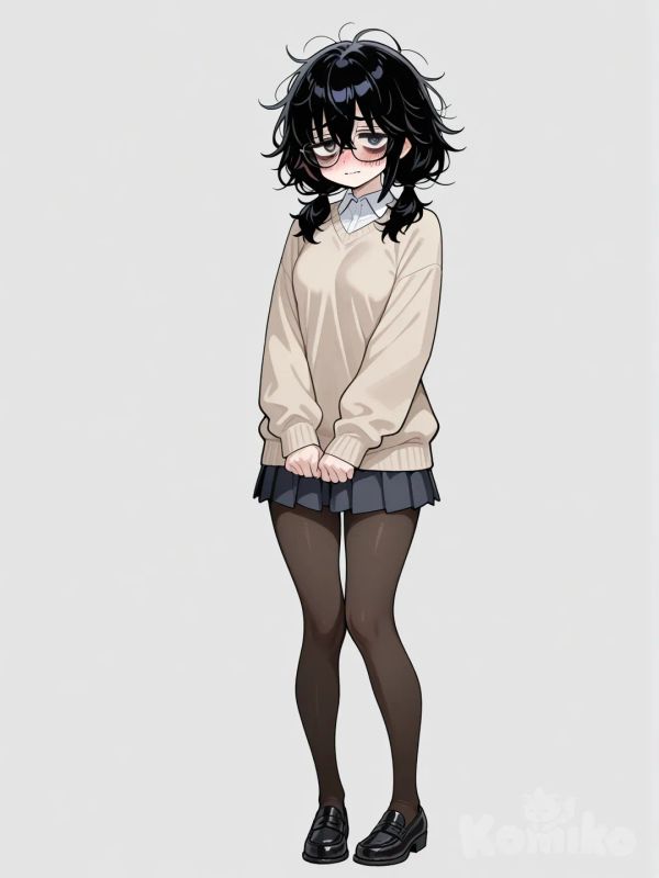 1girl, glasses, messy hair, embarrassed, bags under eyes, black hair, tall female, small breasts, short twintails, full body, sweater, pantyhose, pleated skirt