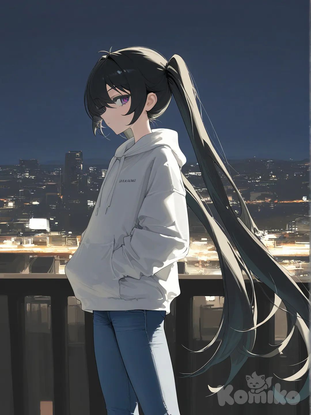 1girl, [vibrant-anime-style], hands in pocket, hoodie, jeans, twin tails, side light, cityscape