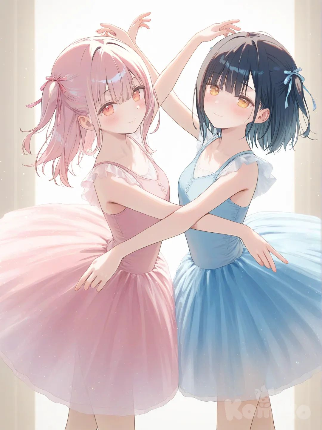 2girls, [soft-pastel-style], dancing in a dance studio, both wearing tutus, Pastel blue and pastel pink, both , smile, blush,warm amber eyes , side light