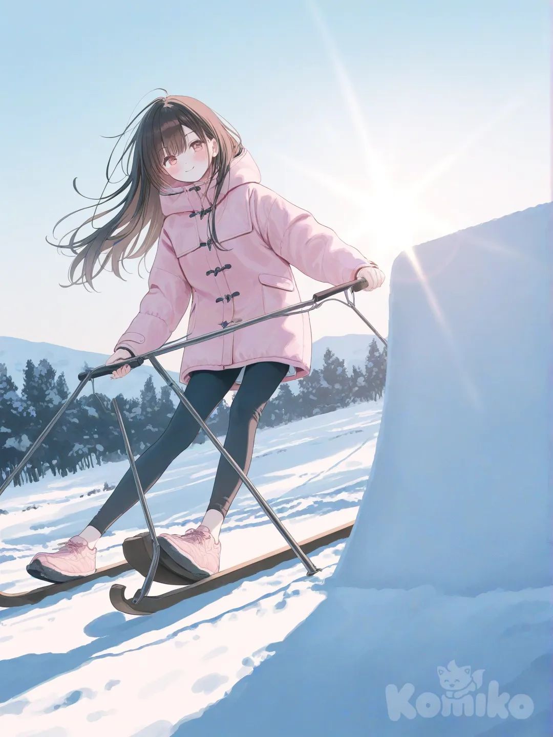 1girl, [soft-pastel-style], sledding in the snow, leggings black, coat pastel pink, sun shining, ashy brown hair long and flowy, smile, blush