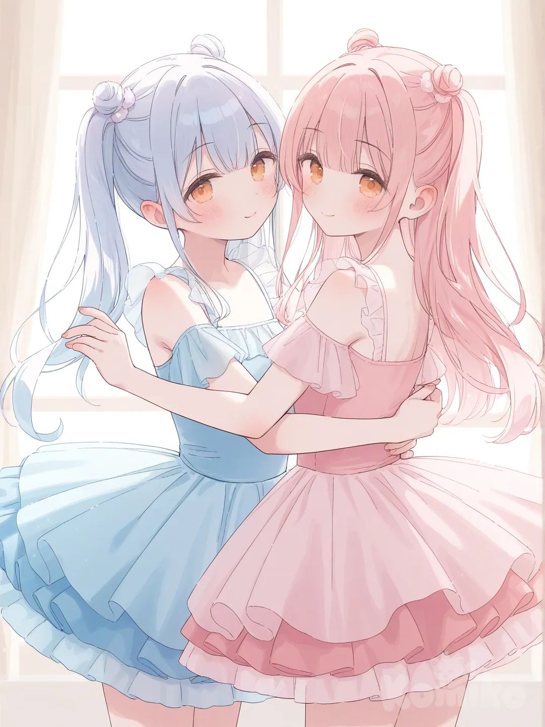 2girls, [soft-pastel-style], dancing in a dance studio, both wearing tutus, Pastel blue and pastel pink, both , smile, blush,warm amber eyes , side light