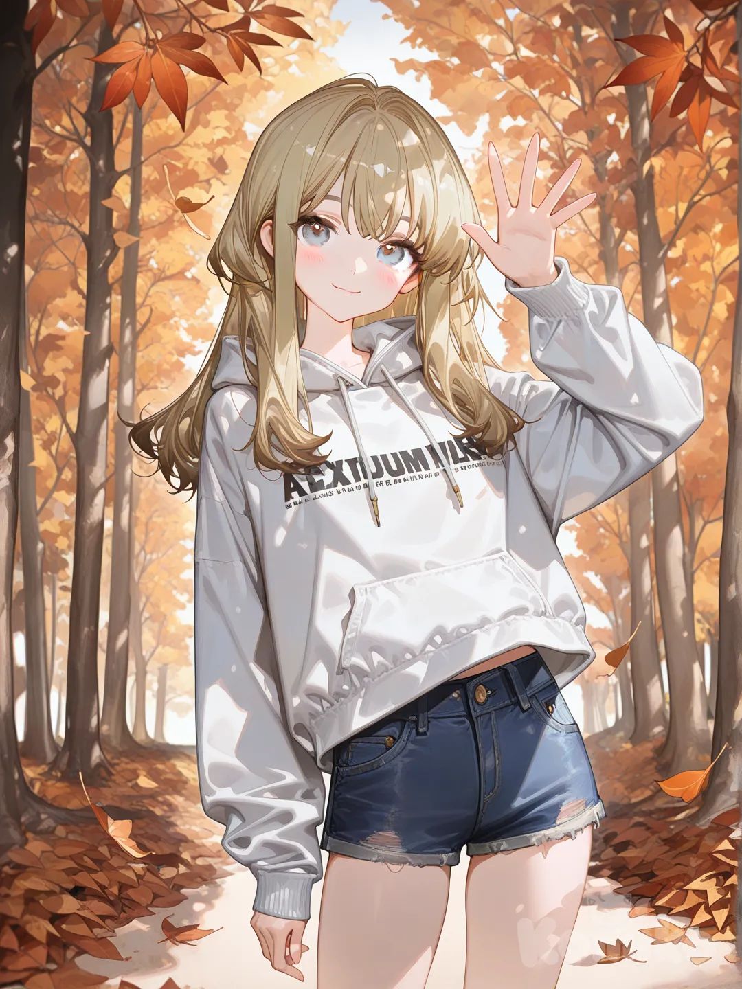 1girl, [high-gloss-illustration-style], waving, smile, blush, hoodie,jean shorts, blonde hair, fall forest, side light