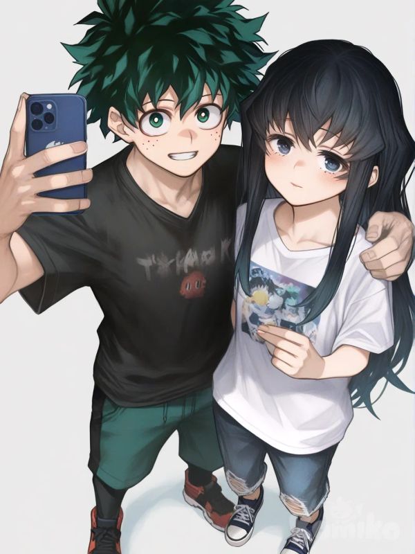[semi-realistic-portrait-style], selfie, t-shirt, full body, @Tokitou_Muichirou, @Midoriya_Izuku