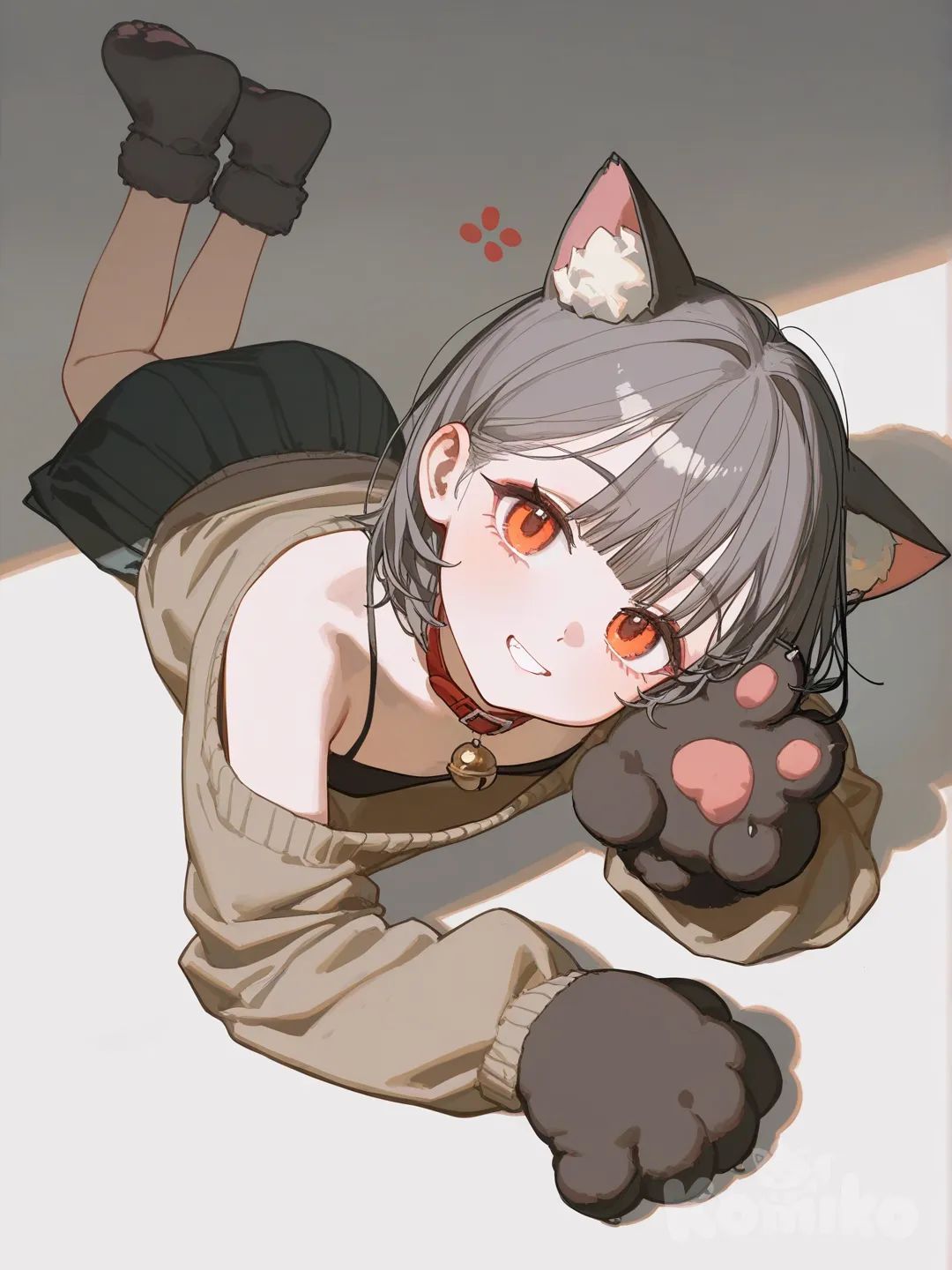 lie on stomache, head tilt, v sign, off the shoulder sweater, paws, paws main focus, paws in camera, skirt, short hair, full body, white background, [lacquered-illustration-style]