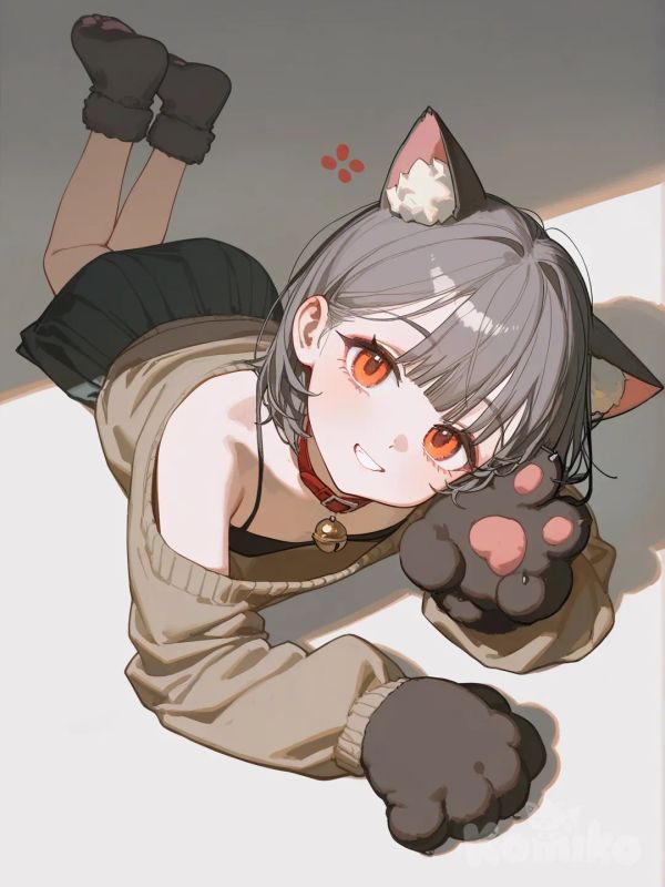 lie on stomache, head tilt, v sign, off the shoulder sweater, paws, paws main focus, paws in camera, skirt, short hair, full body, white background, [lacquered-illustration-style]