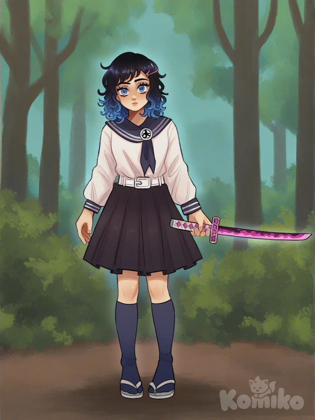 [soft-shaded-moe-style] 1girl, teen, tall, athletic, blue hair, curly_hair, short_hair, blue_eyes, fair_skin, in a hashira outfit, sandals, sword, sheath, hairpin, knee_socks, forest background, kimetsu_no_yaiba, single character, full body, looking at viewer, anime style, simple background, white background