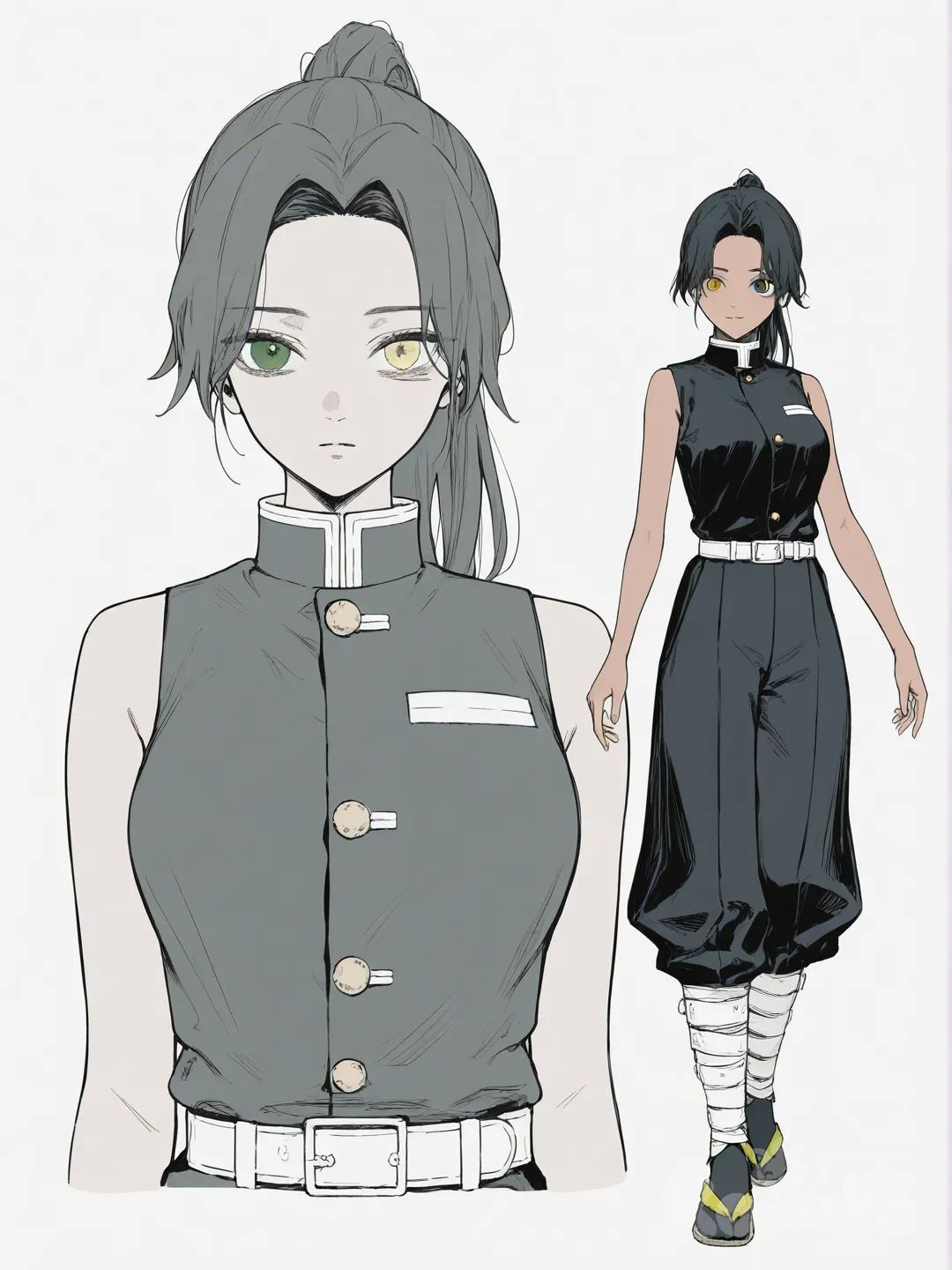 [soft-pastel-style] 1girl, original character, demon slayer style, teenager, mature, athletic, tall, black hair, ponytail, heterochromia, green eye, yellow eye, scar, tan skin, sleeveless, standard demon slayer uniform, single character, full body, looking at viewer, simple background, white background \, with tengens headband