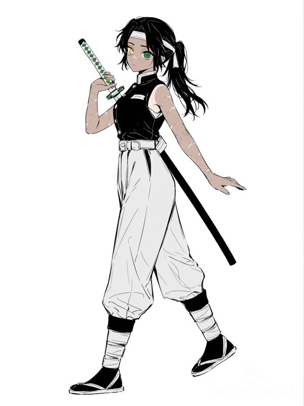 [soft-pastel-style] 1girl, original character, demon slayer style, teenager, mature, athletic, tall, black hair, ponytail, heterochromia, green eye, yellow eye, scar, tan skin, sleeveless, standard demon slayer uniform, single character, full body, looking at viewer, simple background, white background \, with tengens headband