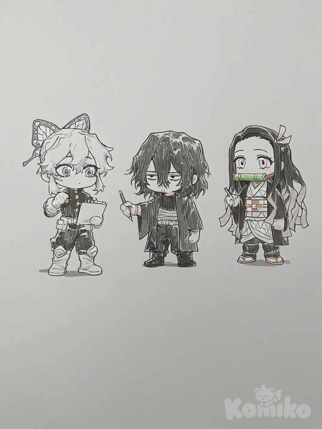 cute drawing light , [desaturated-illustration-style], Eraser_Head_(Boku_No_Hero_Academia), Kamado_Nezuko, Kochou_Shinobu
