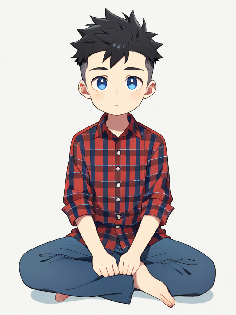 1boy, stocky, tall, black_hair, undercut, blue_eyes, dimples, pale_skin, plaid_shirt, jeans, studs, single character, full body, looking at viewer, anime style, simple background, white background