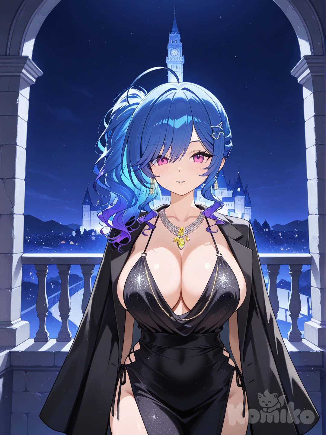 @St._Louis_(Luxurious_Wheels)_(Azur_Lane), usando manto mágico preto com bordados azuis, fundo com uma torre de castelo, Young than 20 Yeats old