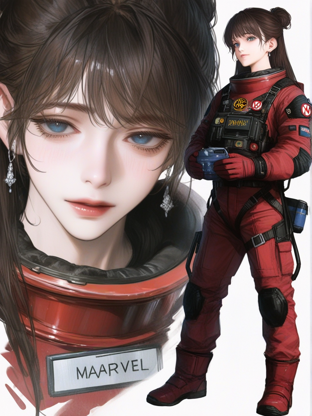 [semi-realistic-portrait-style] 1girl, realistic, marvel style, superhuman, teenager, athletic, slim, straight hair, bun, brown hair, blue eyes, dimple, fair skin, spacesuit, lace, earrings, single character, full body, looking at viewer, simple background, white background