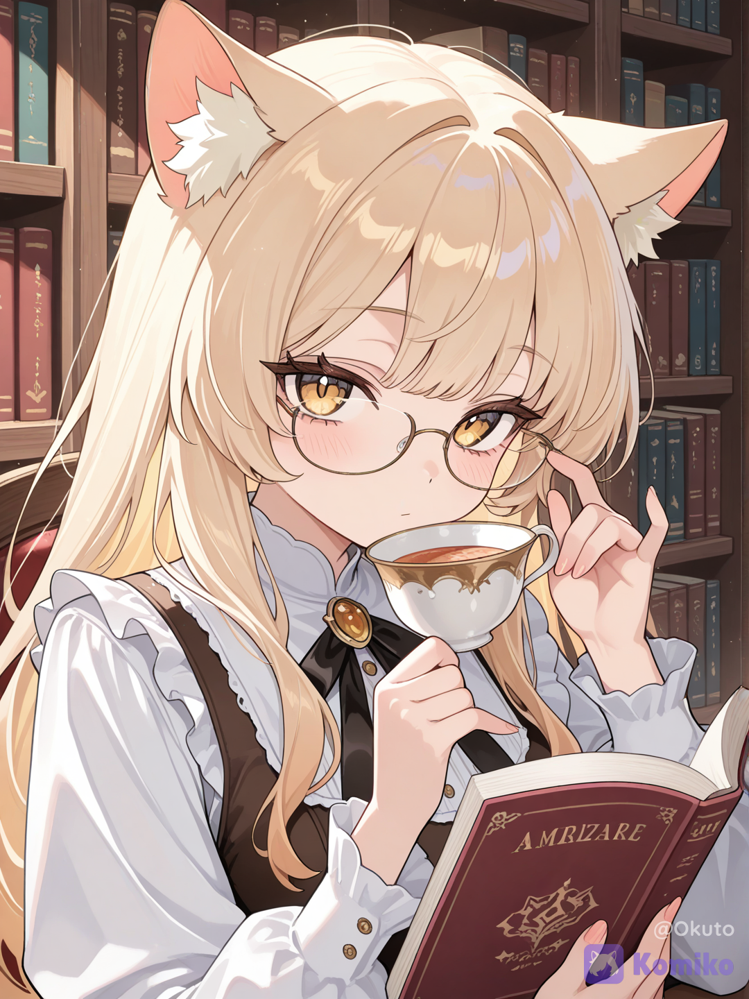  sitting and reading a book in the library while sipping tea