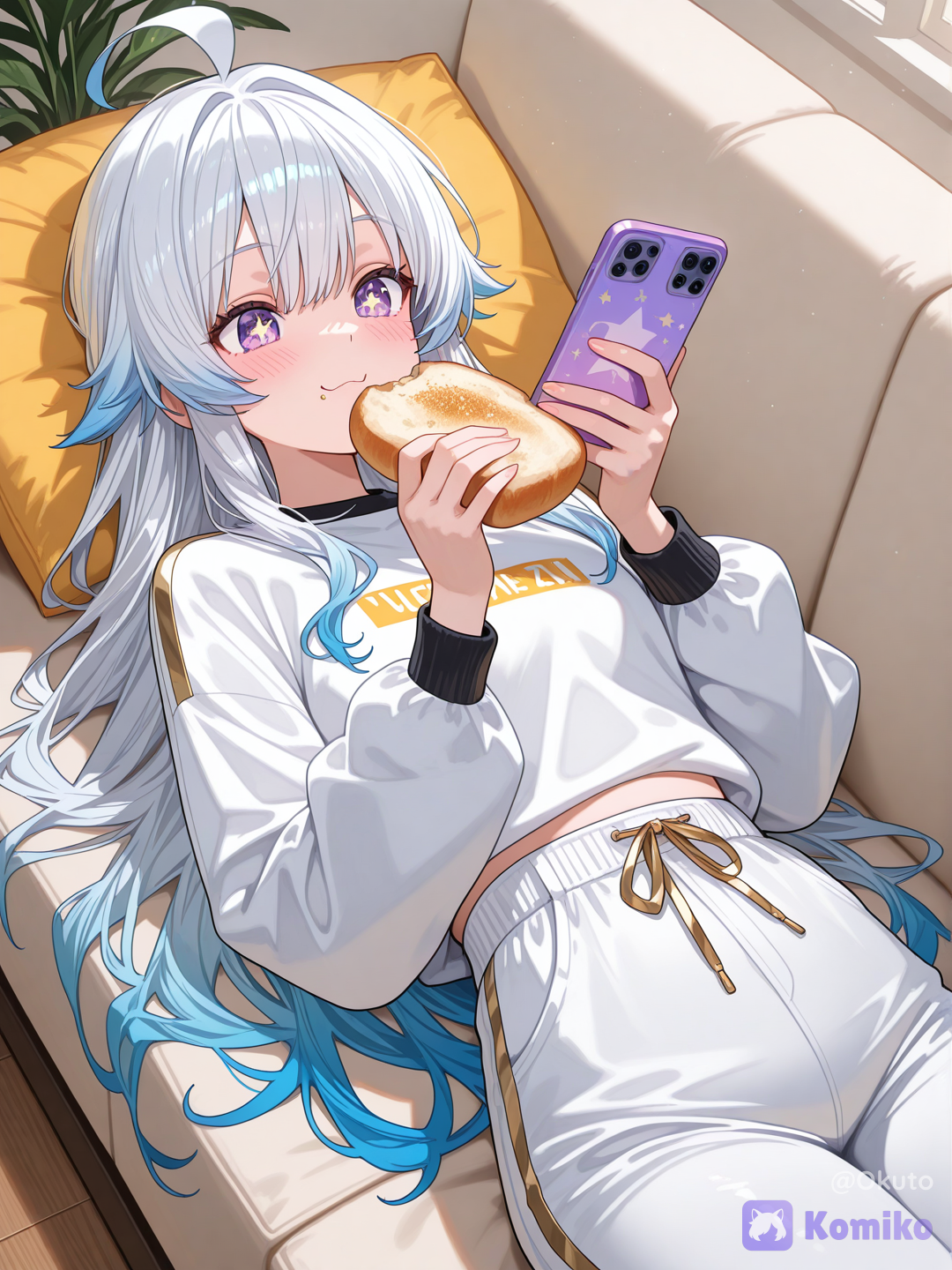 playing phone while eating bread
