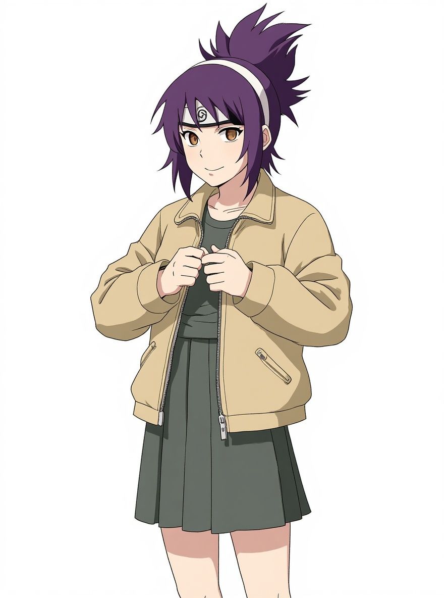 1girl, naruto style, mature, curvy, spiky purple hair, ponytail, brown eyes, fair skin, outdoor adventure jacket, pencil skirt, headband, single character, full body, looking at viewer, simple background, white background