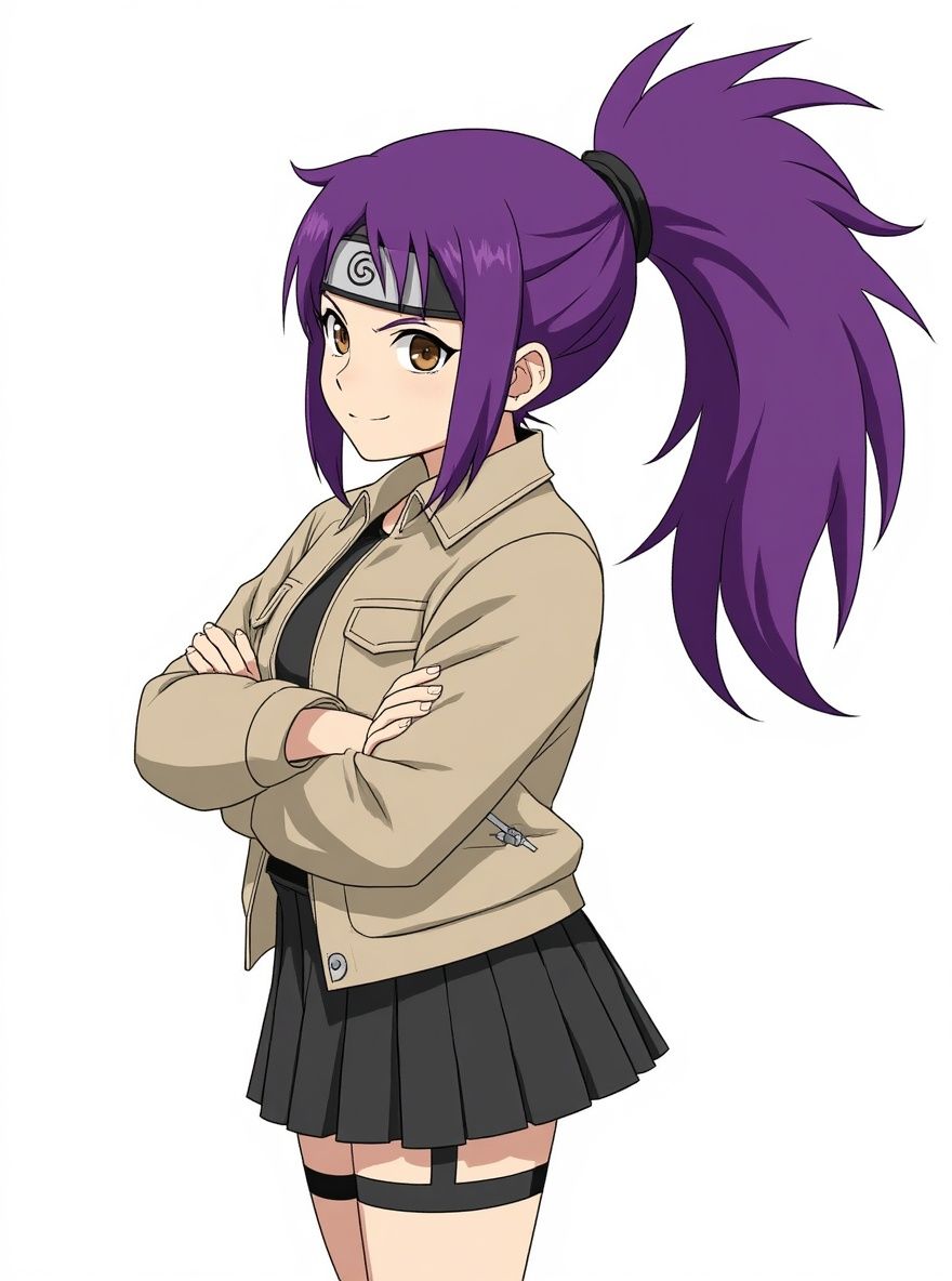 1girl, naruto style, mature, curvy, spiky purple hair, ponytail, brown eyes, fair skin, outdoor adventure jacket, pencil skirt, headband, single character, full body, looking at viewer, simple background, white background