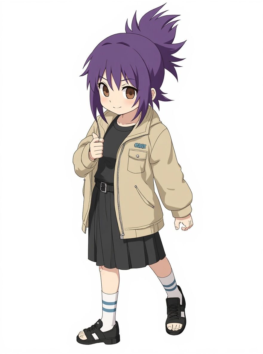 1girl, naruto style, mature, curvy, spiky purple hair, ponytail, brown eyes, fair skin, outdoor adventure jacket, pencil skirt, headband, single character, full body, looking at viewer, simple background, white background