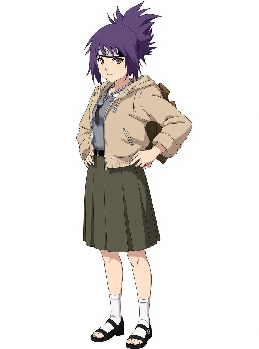 1girl, naruto style, mature, curvy, spiky purple hair, ponytail, brown eyes, fair skin, outdoor adventure jacket, pencil skirt, headband, single character, full body, looking at viewer, simple background, white background