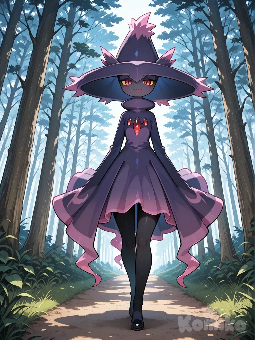 A curvaceous girl with perfect body, walking in a forest Opposite angle zoom in on body, arrogant expression, shinkai Makoto style, @Mismagius