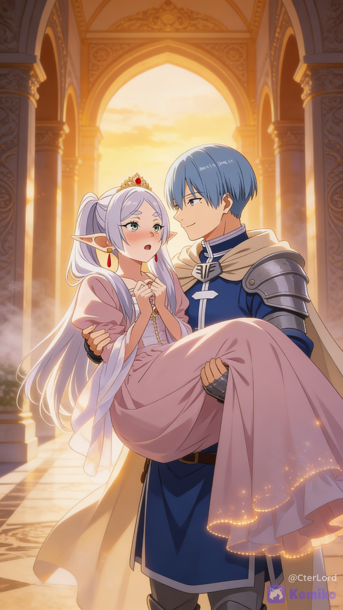 The elf girl blushed shyly in the hero's arms. 