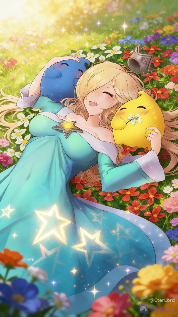 Princess Rosalina and Luma in a field of flowers