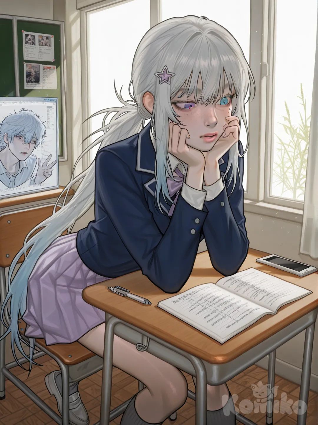 1girl, heart-shaped face, smooth porcelain skin with a faint pearlescent glow, long pale eyelashes, heterochromia eyes — left eye soft lavender, right eye turquoise with faint circuit-like reflections, large glassy irises reflecting window light, delicate straight nose, soft rose-pink lips slightly parted, small beauty mark beneath the right eye, faint star-dust freckles across the cheeks, thin elegant brows with gentle arches, youthful refined features, ong moon-white hair fading into pale starlit blue at the tips, loosely tied low with soft strands framing her face, hair catching the sunlight in fine luminous threads, gentle thoughtful expression, eyes focused downward with quiet concentration, calm studious gaze, subtle warmth in her expression as if lost in thought, relaxed posture seated at a desk, one hand lightly holding a pen, the other resting against her cheek, faint holographic particles drifting subtly around her, serene academic mood, futuristic academy school uniform, crisp white blouse with soft luminescent fabric, slim navy-blue blazer with silver piping and faint holographic trim, pale lavender ribbon tie neatly fastened, pleated violet-blue skirt visible beneath the desk, knee-high grey socks with subtle glowing seam lines, polished black-and-silver loafers, thin star-shaped hairpin, sleek student desk with transparent holographic interface panels, digital notebook open displaying glowing handwritten notes, sunlight streaming through large classroom windows, soft dust motes floating in the light, clean modern classroom interior with subtle sci-fi accents, quiet afternoon atmosphere, gentle pastel color palette, [digital-painterly-style], 1boy