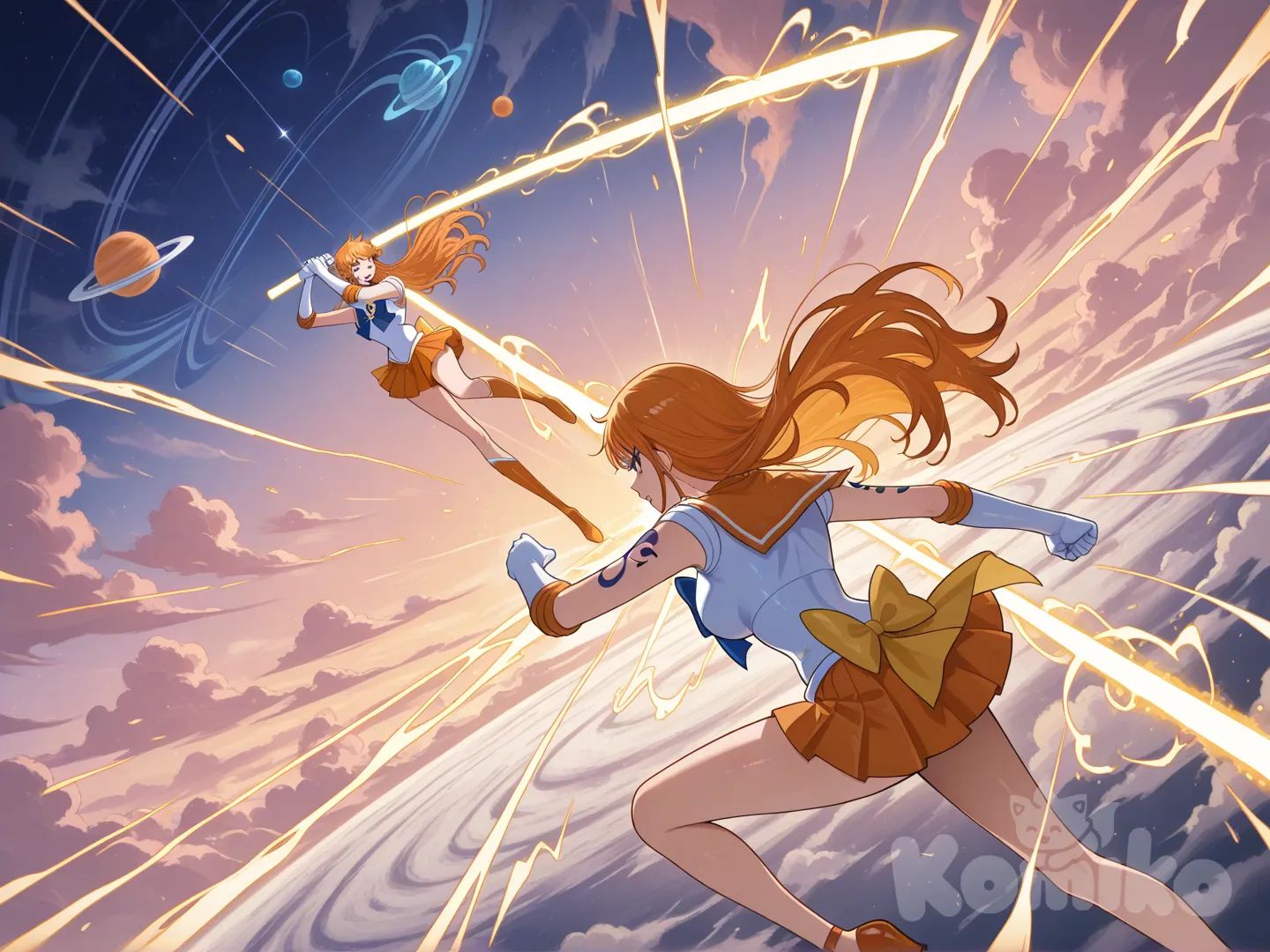 Sailor Venus, energy sword, love beam, solor, venus planet, fighting, nami (one piece), cloud