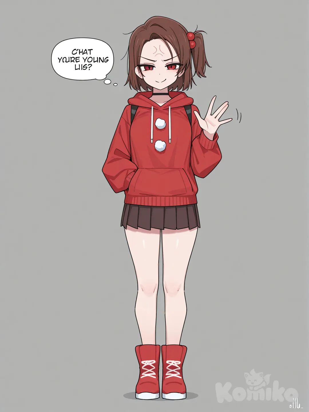chara_(undertale), mirando al espectador, cabello castaño, boca cerrada, cabello corto, una chica, nombre del artista, texto en inglés, fondo simple, sonrisa, vena de ira, pantalones cortos, burbuja de pensamiento, pechos, fondo gris, ojos rojos, ropa navideña , [toon-shaded-style], hoodie, choker, side ponytail, waving, pleated skirt, side profile photo, full body
