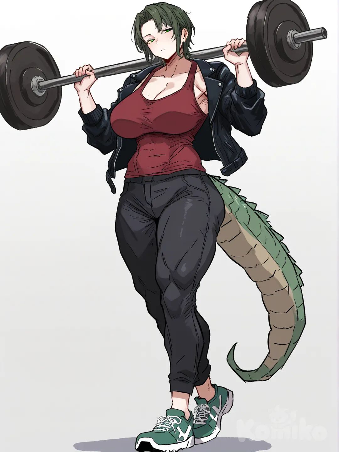 mature aesthetic muscular female, scrawny, tall, short dark green hair, green eyes, pale skin, big breasts, huge muscular, hips big butt, red t-shirt, black leather jacket, black casual pants, dark green sneakers, long crocodile tail, Relief press, full body, looking at viewer, [hentai-style], white background, head tilt