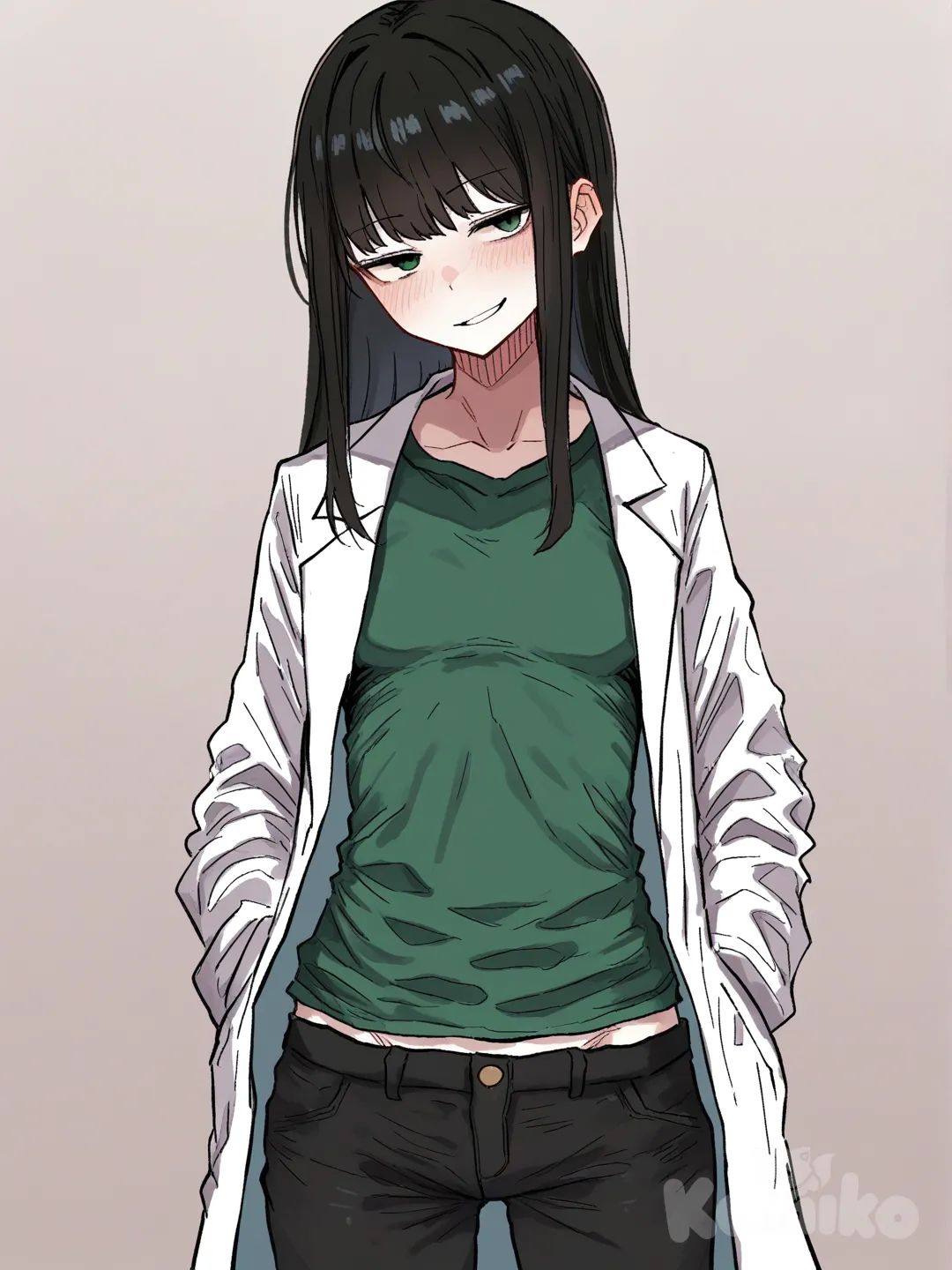 1 female, scrawny, tall, long black hair, green eyes, pale skin, small breasts, white lab coat, green T-shirt, black casual pants, 18 years, head tilt, clean background, turning to the viewer, Facing the viewer, The character faces the viewer, [hentai-style], blush, smirk