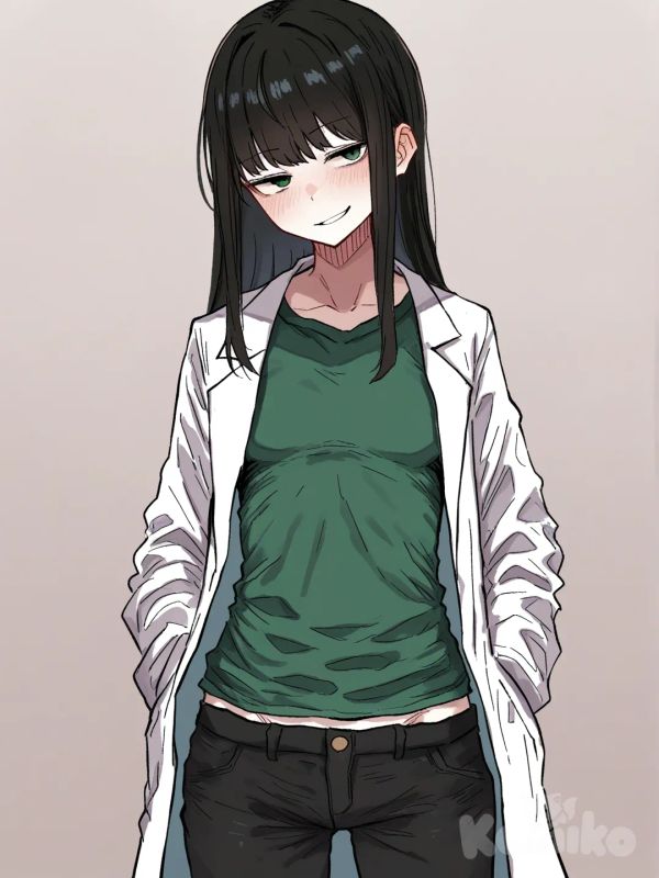 1 female, scrawny, tall, long black hair, green eyes, pale skin, small breasts, white lab coat, green T-shirt, black casual pants, 18 years, head tilt, clean background, turning to the viewer, Facing the viewer, The character faces the viewer, [hentai-style], blush, smirk