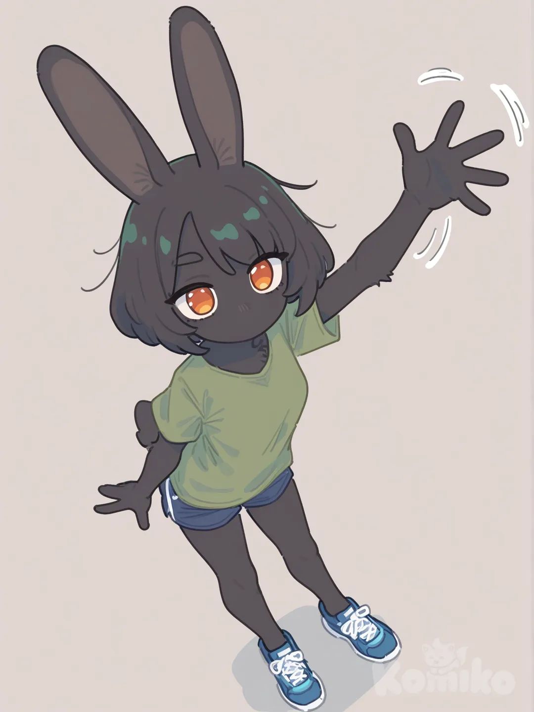 1girl, scrawny, anthropomorph character, bunny, short dark black hair, long dark black bunny ears, dark black fur on all skin, small breasts, no mounth, orange eyes, dark green T-shirt, dark blue shorts, blue sneakers, waving, [flat-pastel-style], upper body, from above