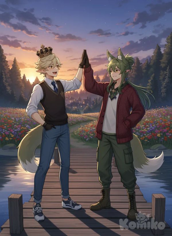 2boys, Griffion, Tighnari (Genshin Impact), singing, high five, smile, smirk, knitted vest, knitted cardigan, jeans, cargo pants, tie, man bun, burgundy, full body, twilight, forest, grassland, field, flower field, garden, village, pier