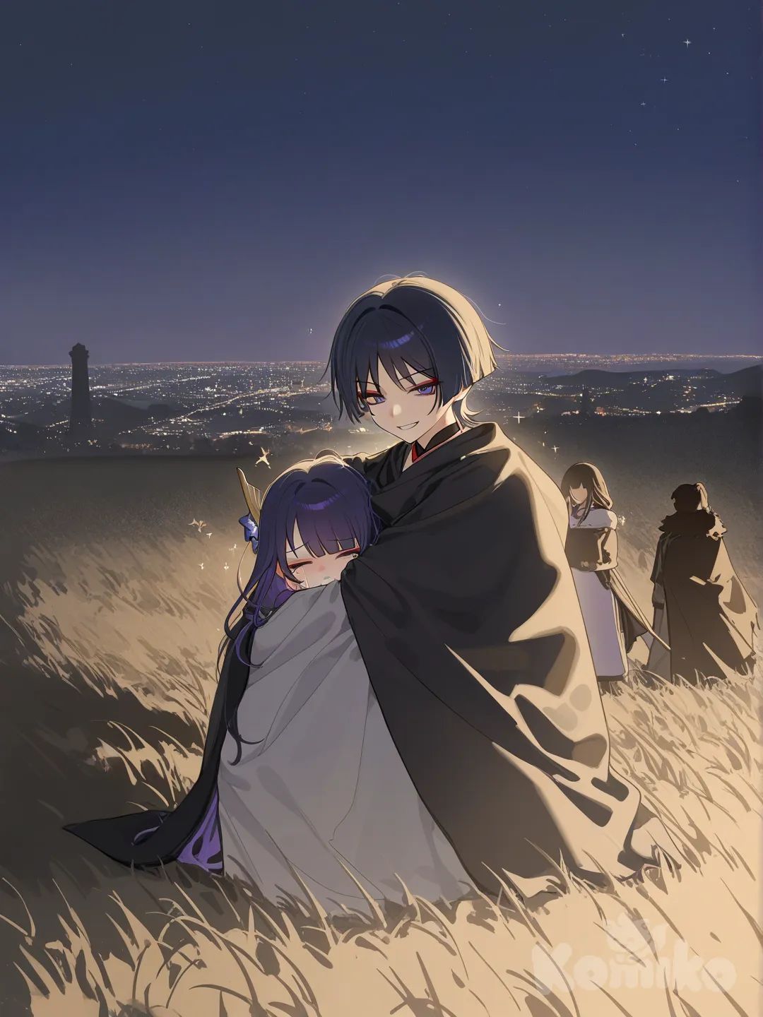 Scaramouche, Raiden Shogun, 2people, hugging, crying, smile, smirk, full body, twilight, sparkle, night, city lights, field