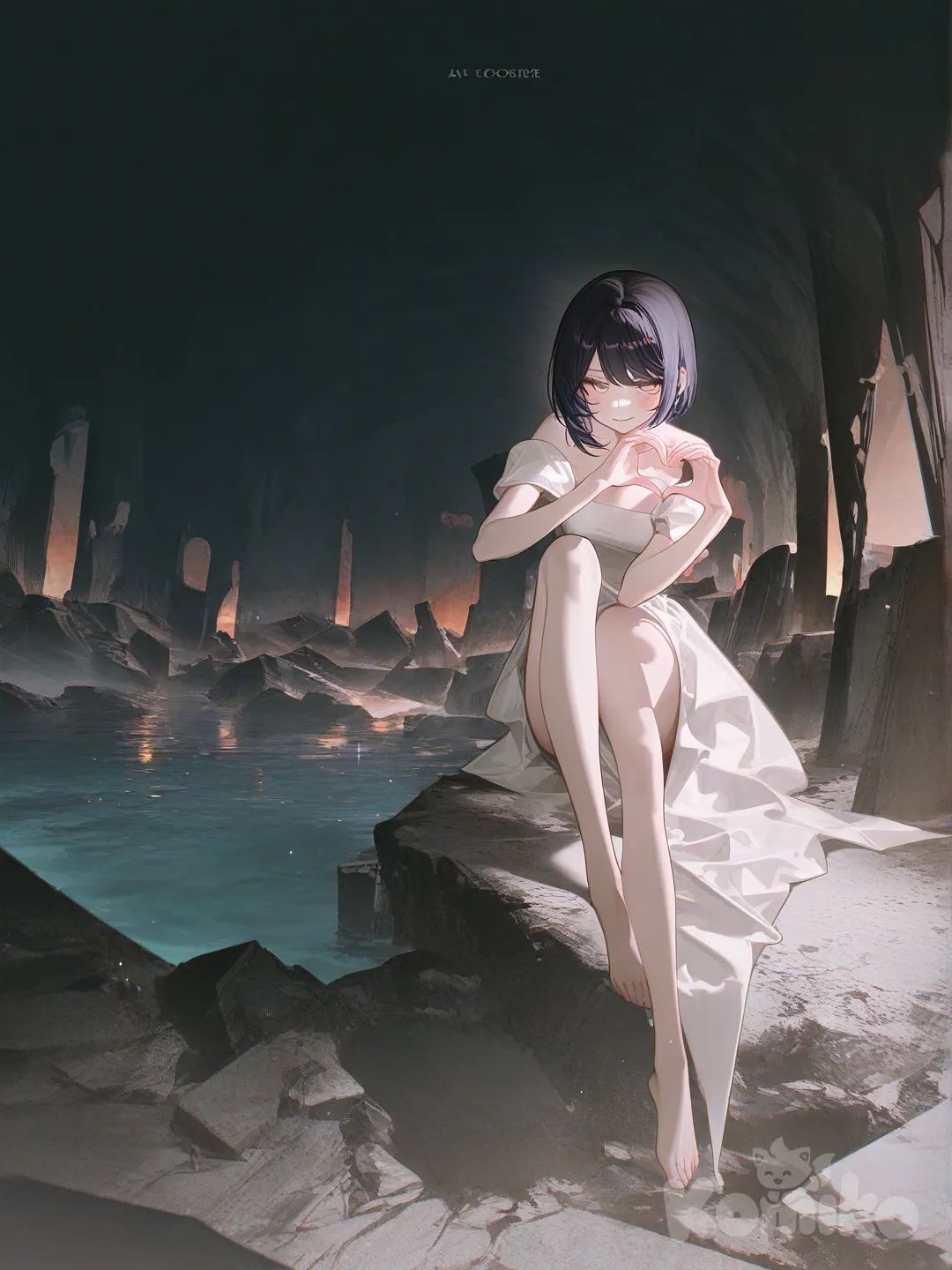 Kujou Sara, heart hands, smile, smirk, blush, full body, sunrise, sparkle, cave, ruins