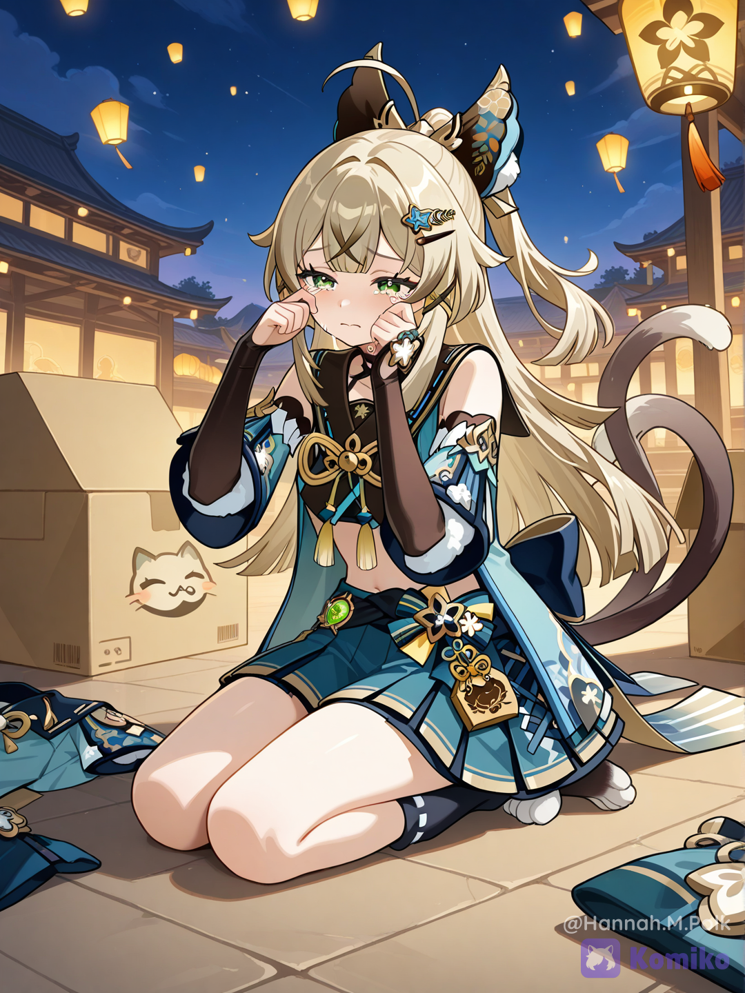 Wiping her tears