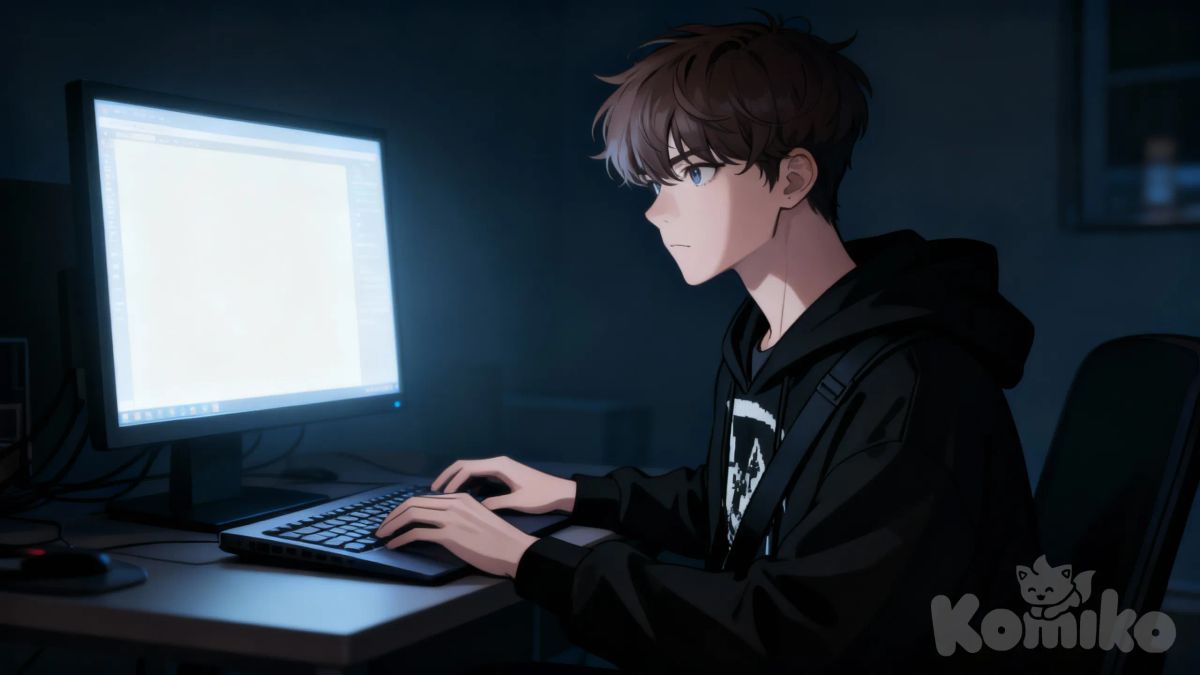  the character is sitting at a computer desk, working on a laptop, his eyes are focused, and his face is expressionless. He is typing on the laptop, his eyes are fixed on the laptop monitor., photo_5262684300820286257_y (1), photo_5262684300820286257_y (1)