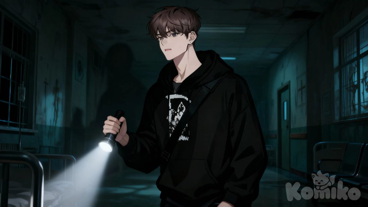 @nave-4BgQ a gloomy psychiatric hospital, a gloomy atmosphere, a character walking forward holding a flashlight, using the flashlight to examine the area, his face tense, the atmosphere terrifying, upper body