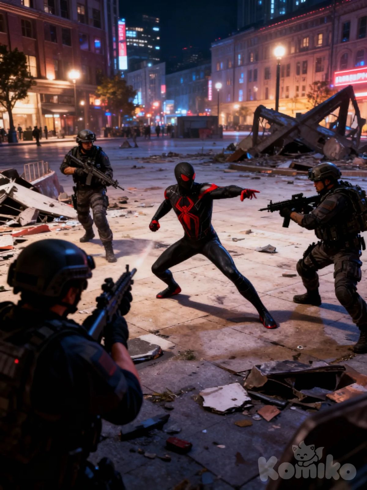 photo_5303220683196272437_y character fighting against three special forces soldiers, battle in the square, character in a cool fighting pose, random shot