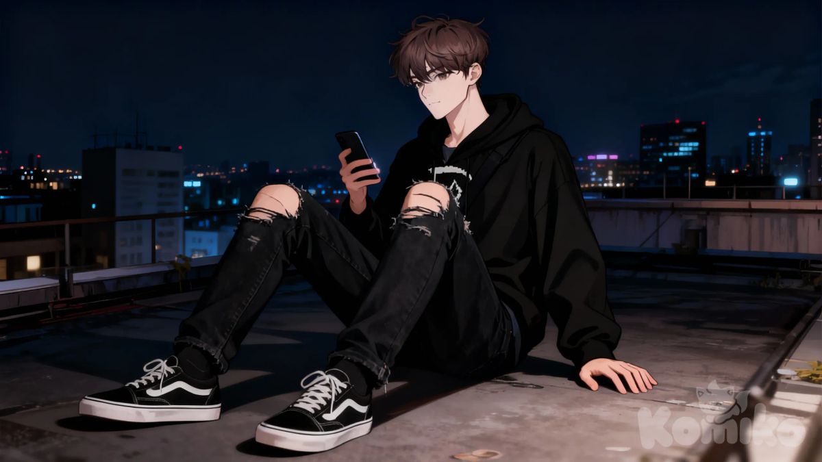 guy  Black jeans torn at the knees,vans old school sneakers, full body , sitting on the ground, calm, Holding a phone in his hand, his other hand lying on the ground, Sitting on the roof, Night city