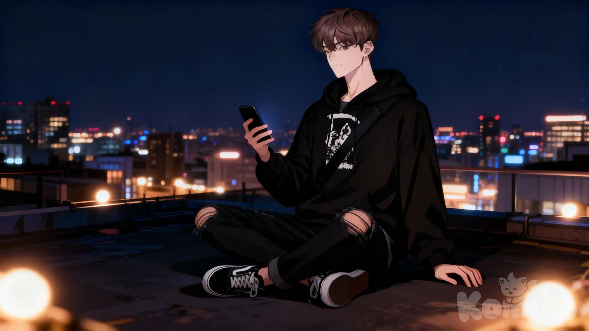 @nave-4BgQ, sitting on the ground, calm, Holding a phone in his hand, his other hand lying on the ground, Sitting on the roof, Night city