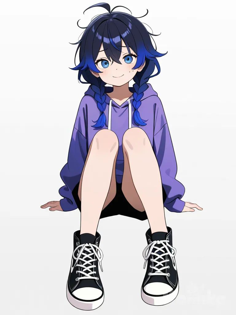 1girl, half-demon, nervous smile, teenager, shoulder-length hair, messy hair, dark blue hair, purple gradient hair, side braids, blue eyes, long purple hoodie, black shorts, converse shoes, single character, full body, looking at viewer, anime style, simple background, white background