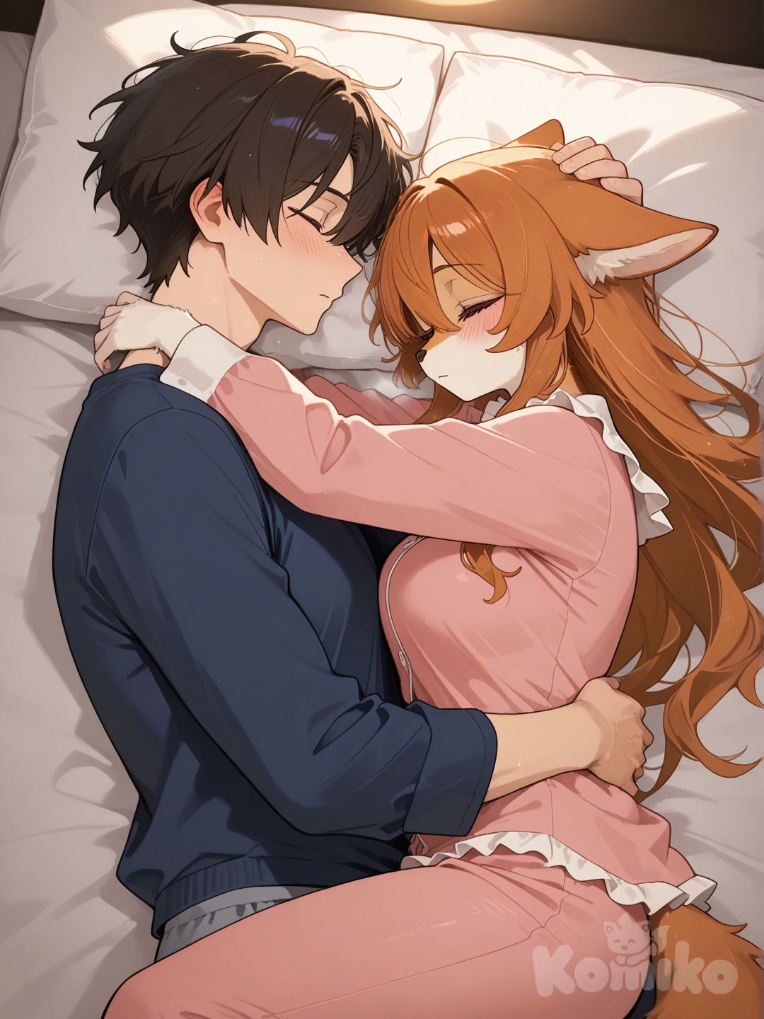 furry female, men are not furry, They were both wearing matching pajamas, She was lying in bed, holding her boyfriend tightly, while he gently stroked her head.