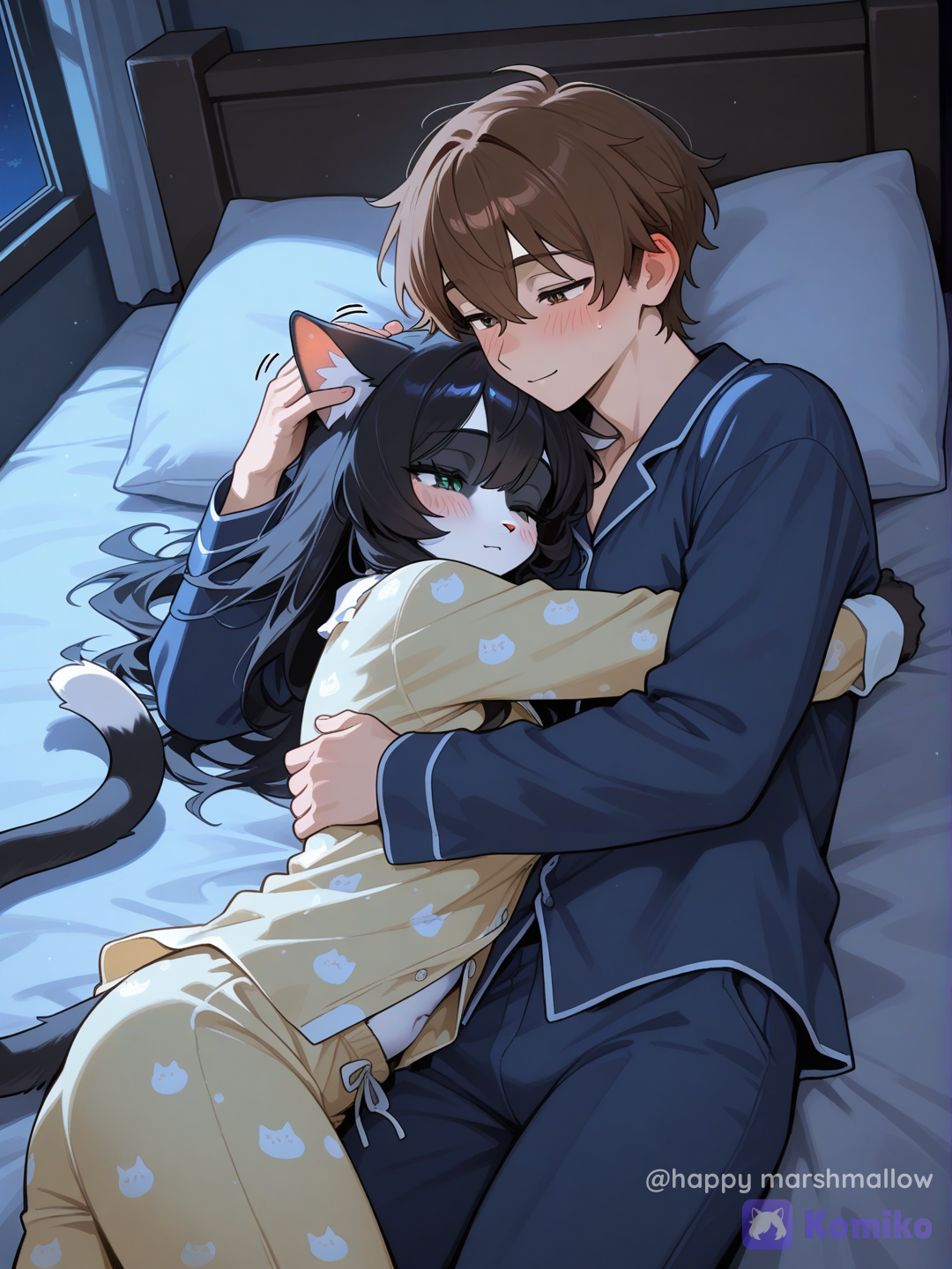 furry female, cat, men are not furry cat, They were both wearing matching pajamas, She was lying in bed, holding her boyfriend tightly, while he gently stroked her head.